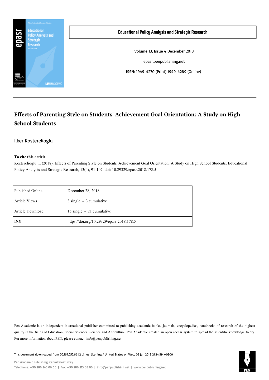 Effects of Parenting Style on Students' Achievement Goal Orientation: a Study on High School Students