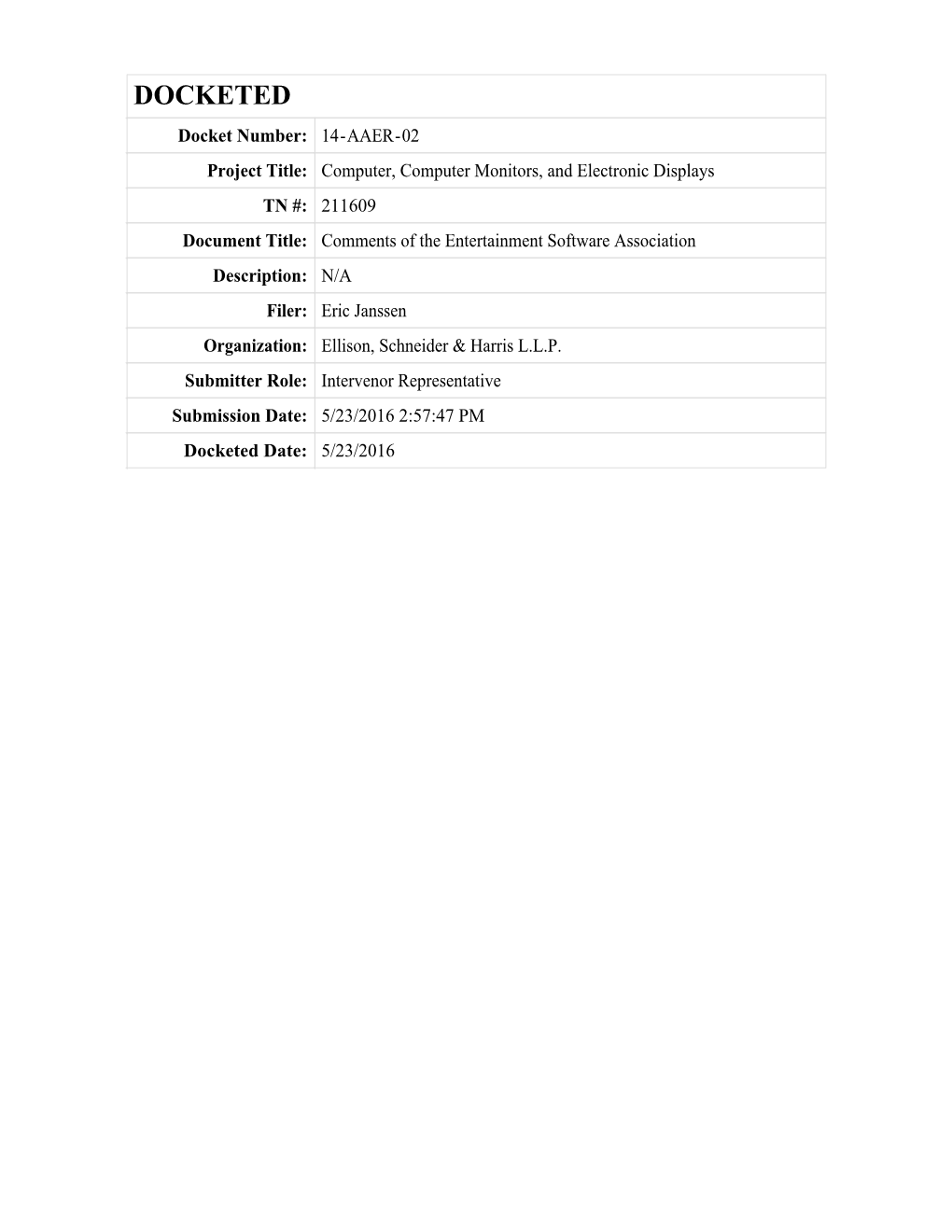 Comments of the Entertainment Software Association Description: N/A Filer: Eric Janssen Organization: Ellison, Schneider & Harris L.L.P