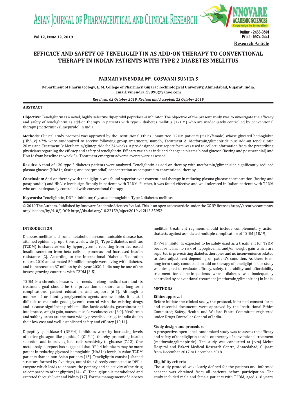 Efficacy and Safety of Teneligliptin As Add-On Therapy to Conventional Therapy in Indian Patients with Type 2 Diabetes Mellitus