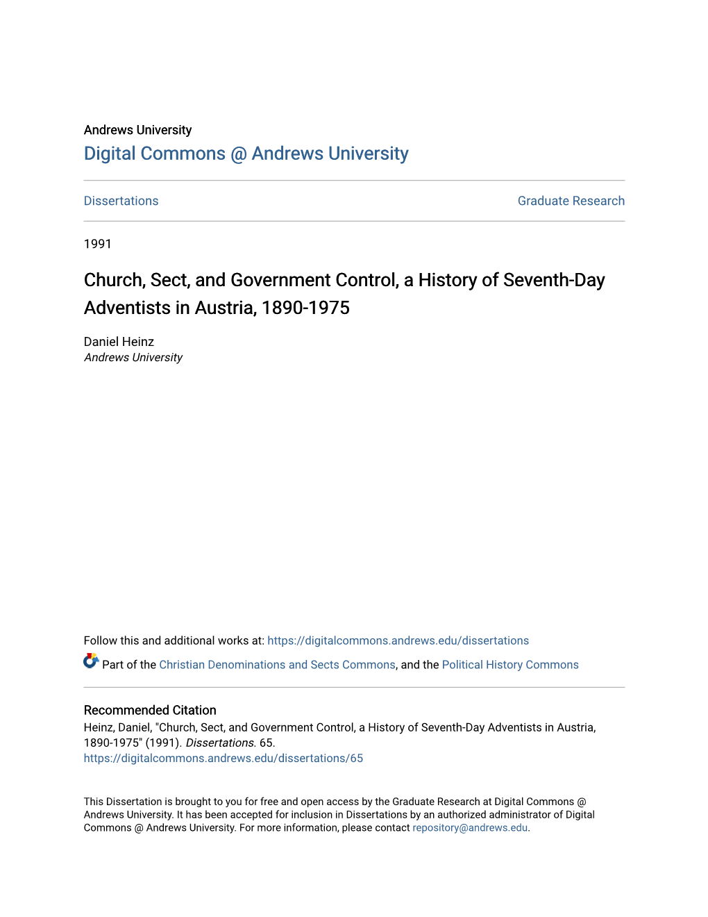 Church, Sect, and Government Control, a History of Seventh-Day Adventists in Austria, 1890-1975