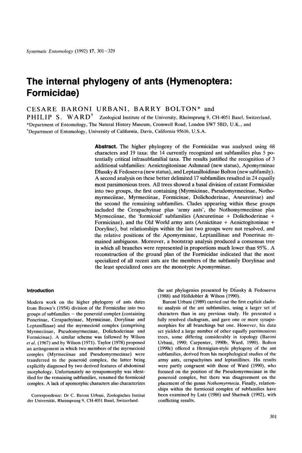 The Internal Phylogeny of Ants (Hymenoptera: Formicidae)