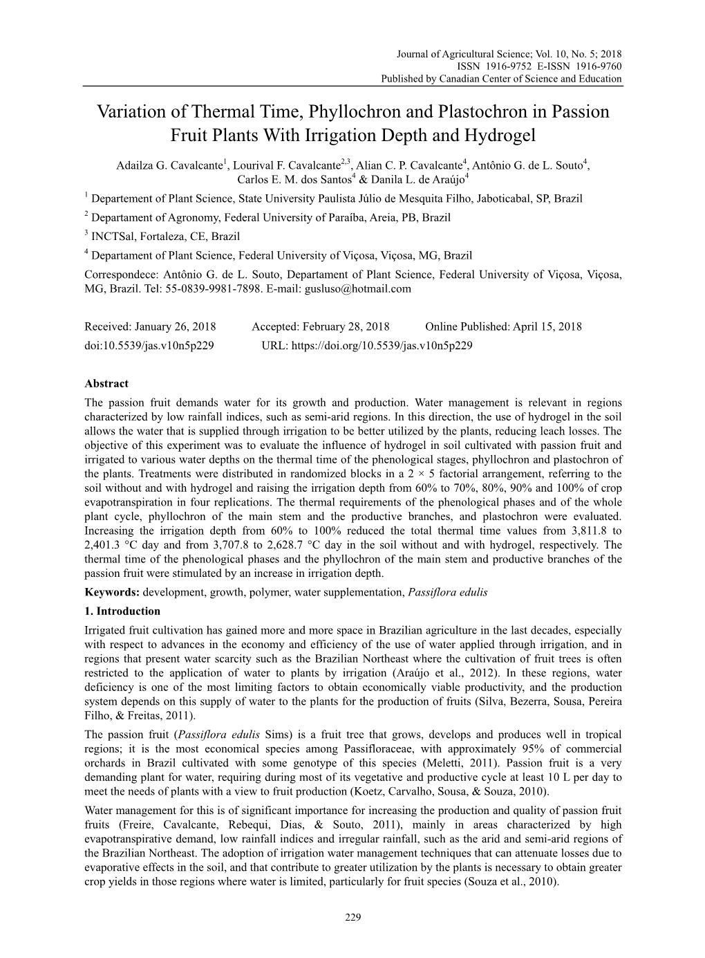 Variation of Thermal Time, Phyllochron and Plastochron in Passion Fruit Plants with Irrigation Depth and Hydrogel