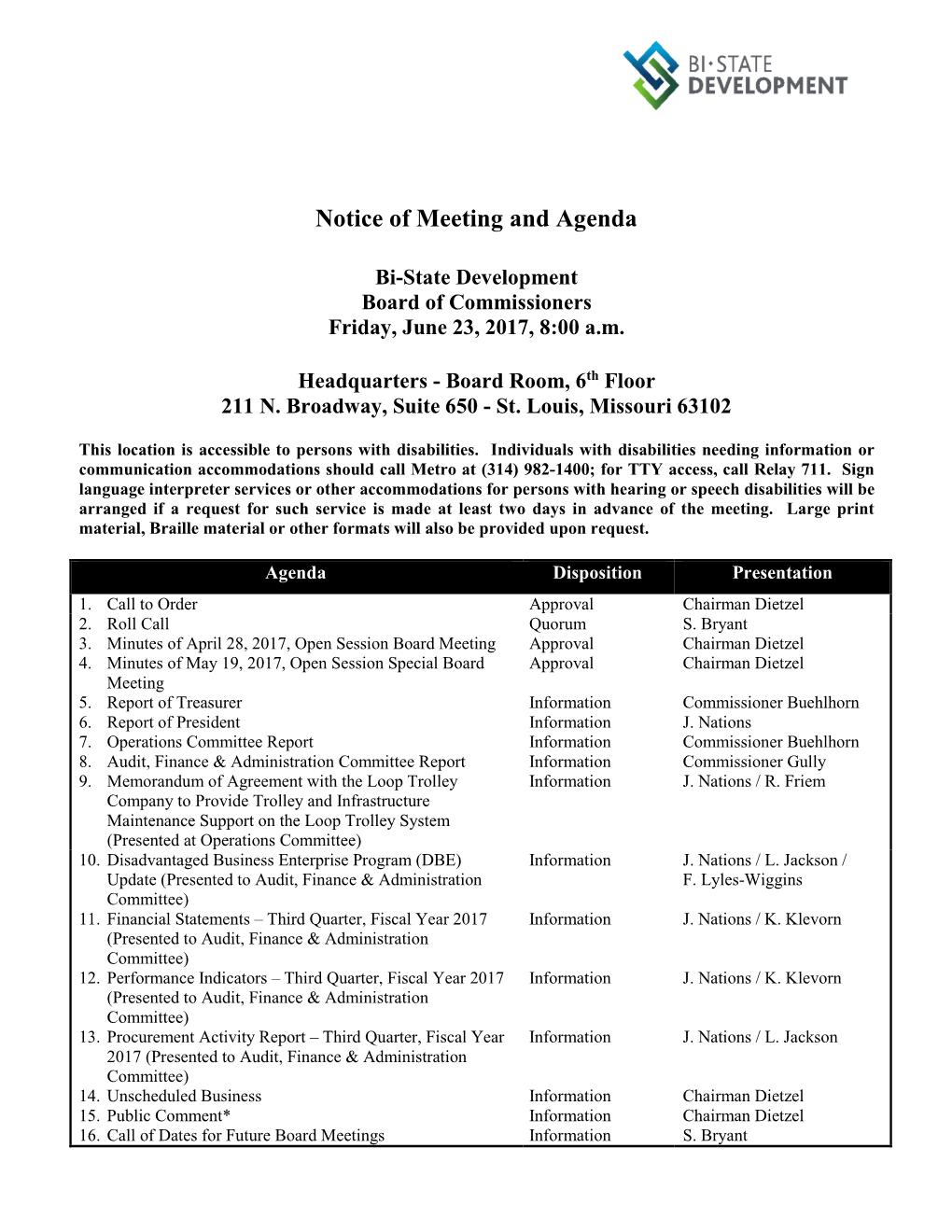 Notice of Meeting and Agenda