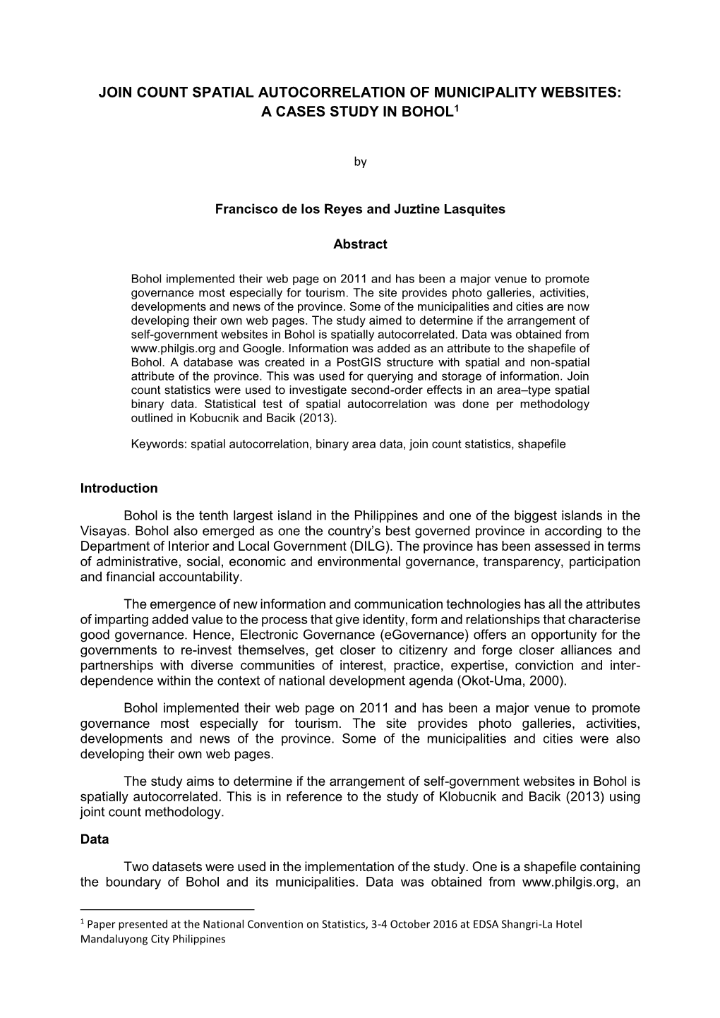 Join Count Spatial Autocorrelation of Municipality Websites: a Cases Study in Bohol1