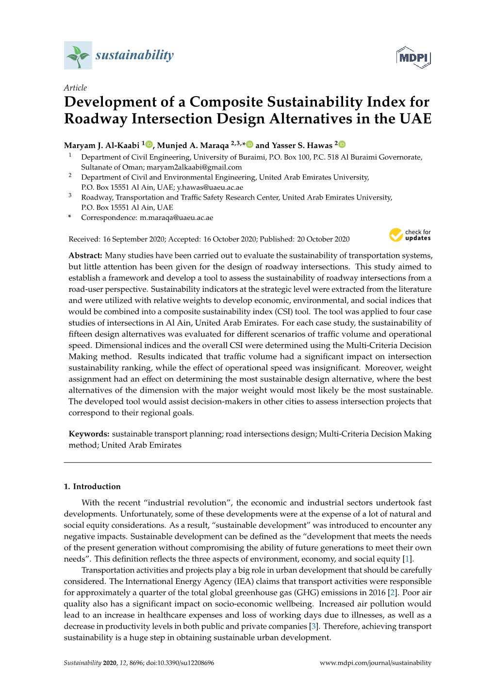 Development of a Composite Sustainability Index for Roadway Intersection Design Alternatives in the UAE