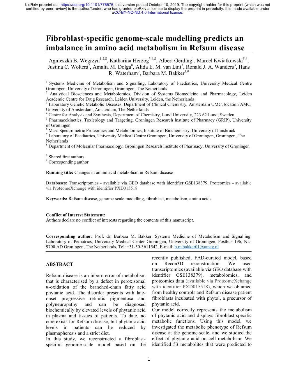 Fibroblast-Specific Genome-Scale Modelling Predicts an Imbalance in Amino Acid Metabolism in Refsum Disease