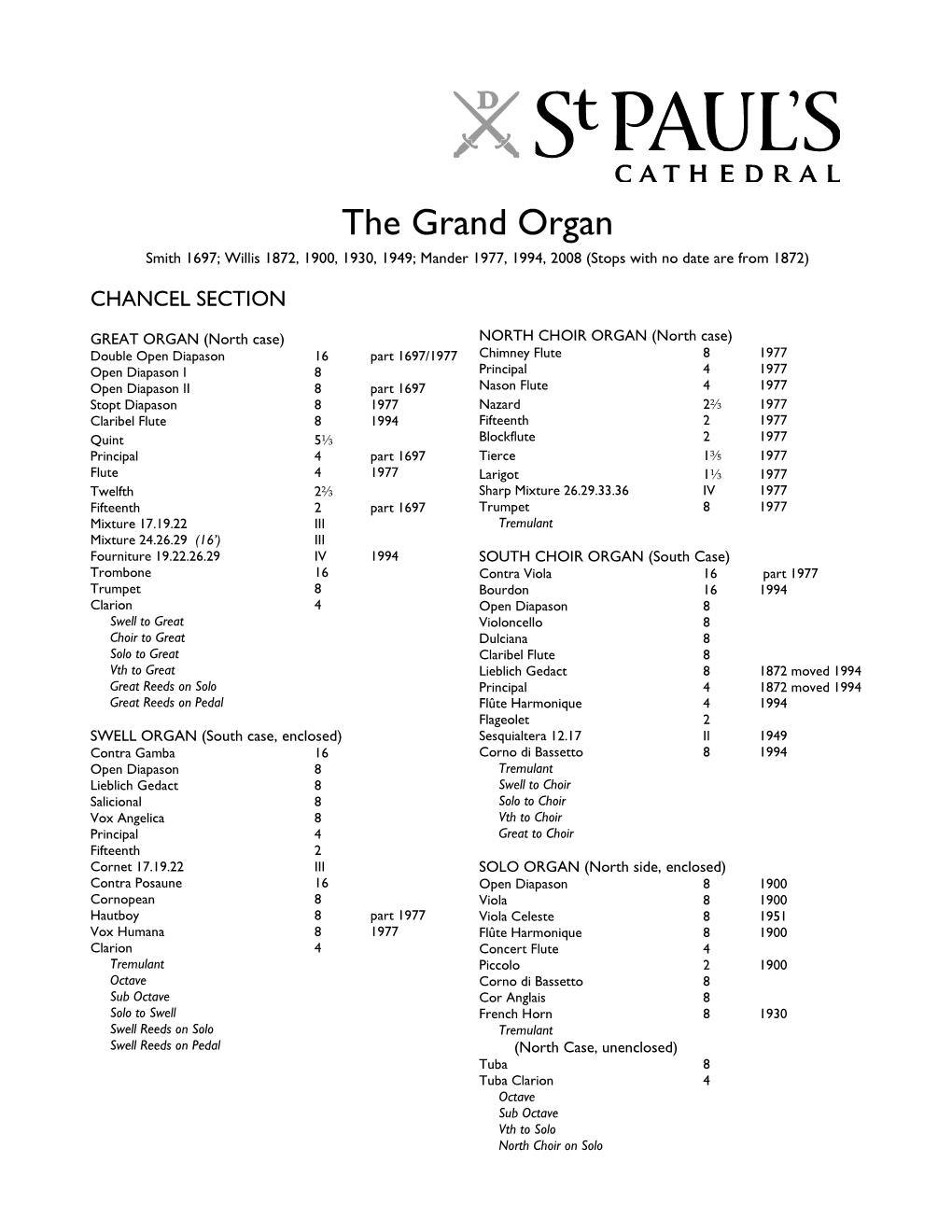 The Grand Organ Smith 1697; Willis 1872, 1900, 1930, 1949; Mander 1977, 1994, 2008 (Stops with No Date Are from 1872) CHANCEL SECTION