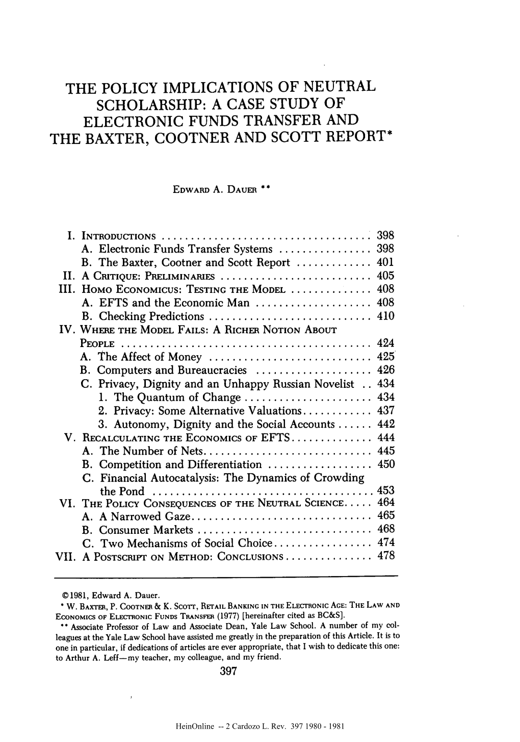 A Case Study of Electronic Funds Transfer and the Baxter, Cootner and Scott Report*