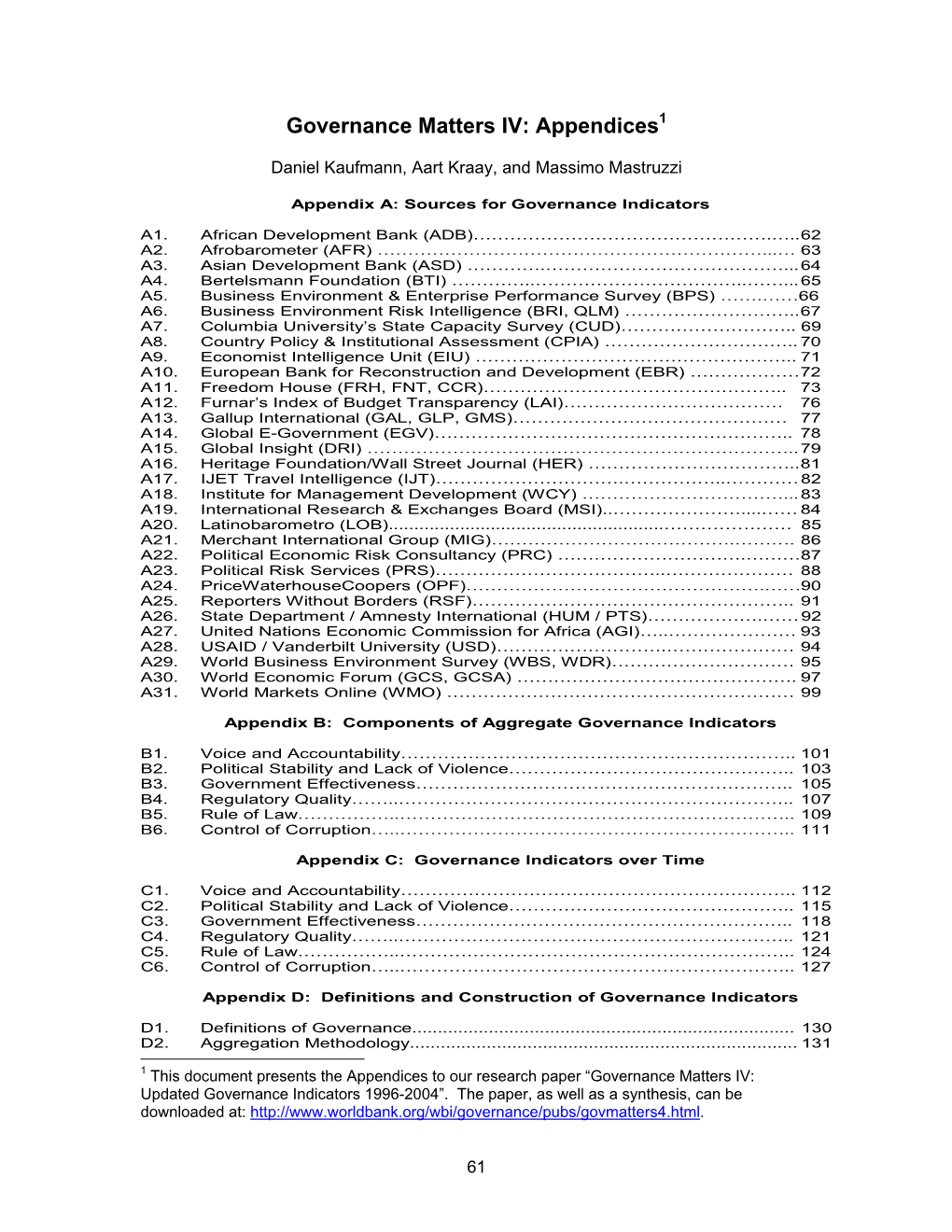 Governance Matters IV: Appendices1