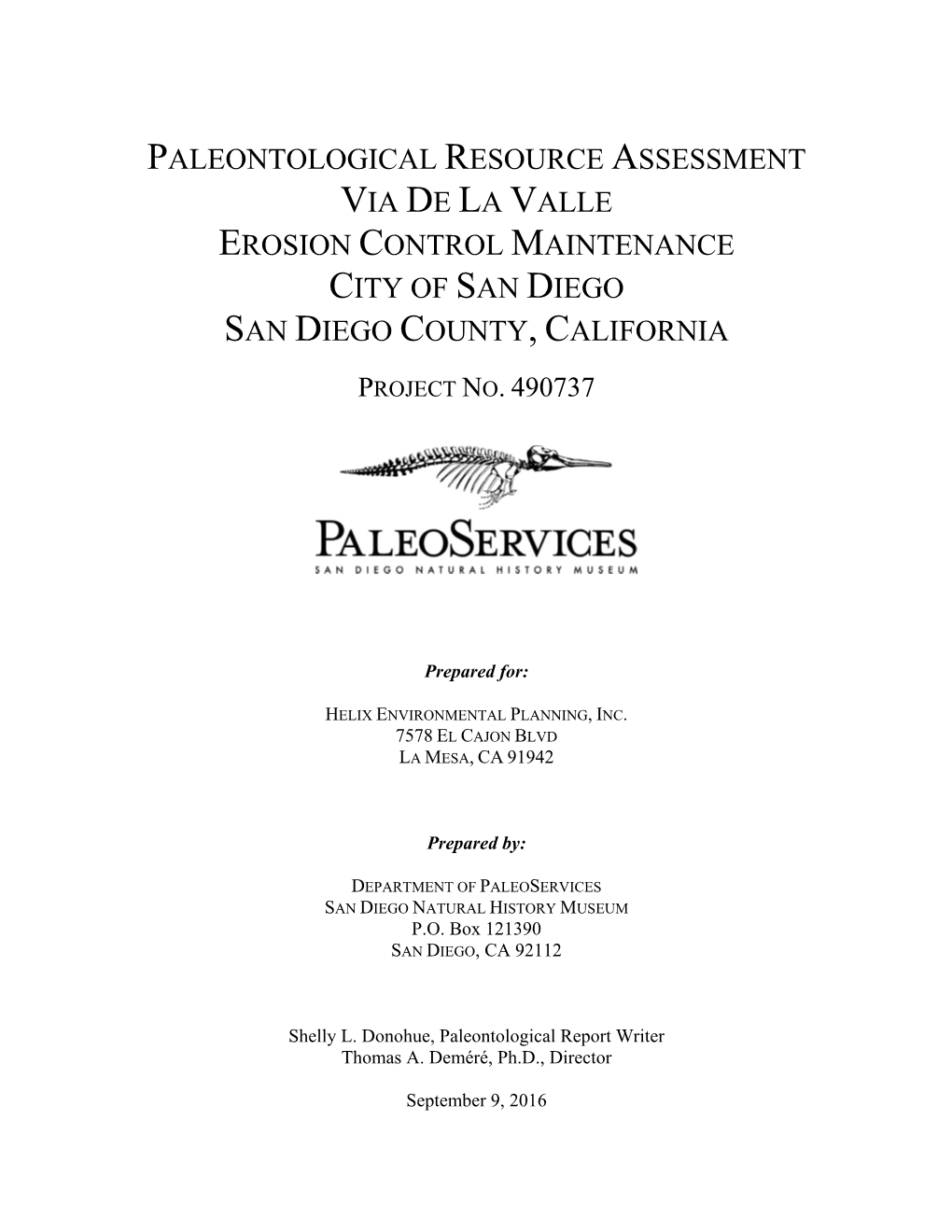 Paleontological Resource Assessment Via De La Valle Erosion Control Maintenance City of San Diego San Diego County, California