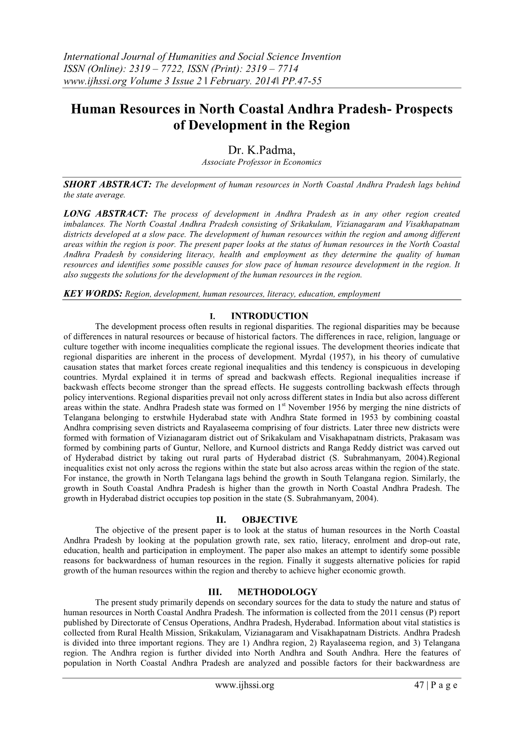 Human Resources in North Coastal Andhra Pradesh- Prospects of Development in the Region