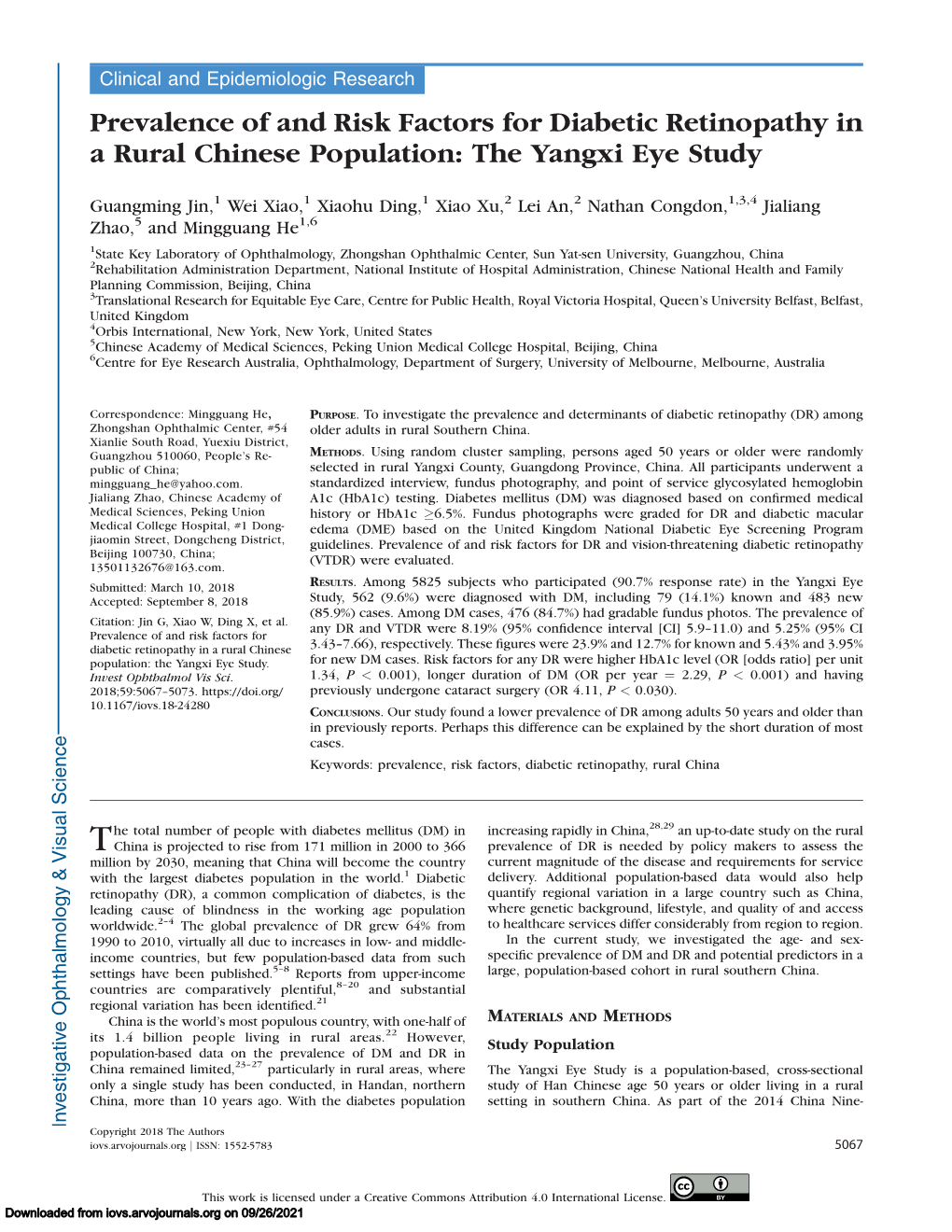 Prevalence of and Risk Factors for Diabetic Retinopathy in a Rural Chinese Population: the Yangxi Eye Study
