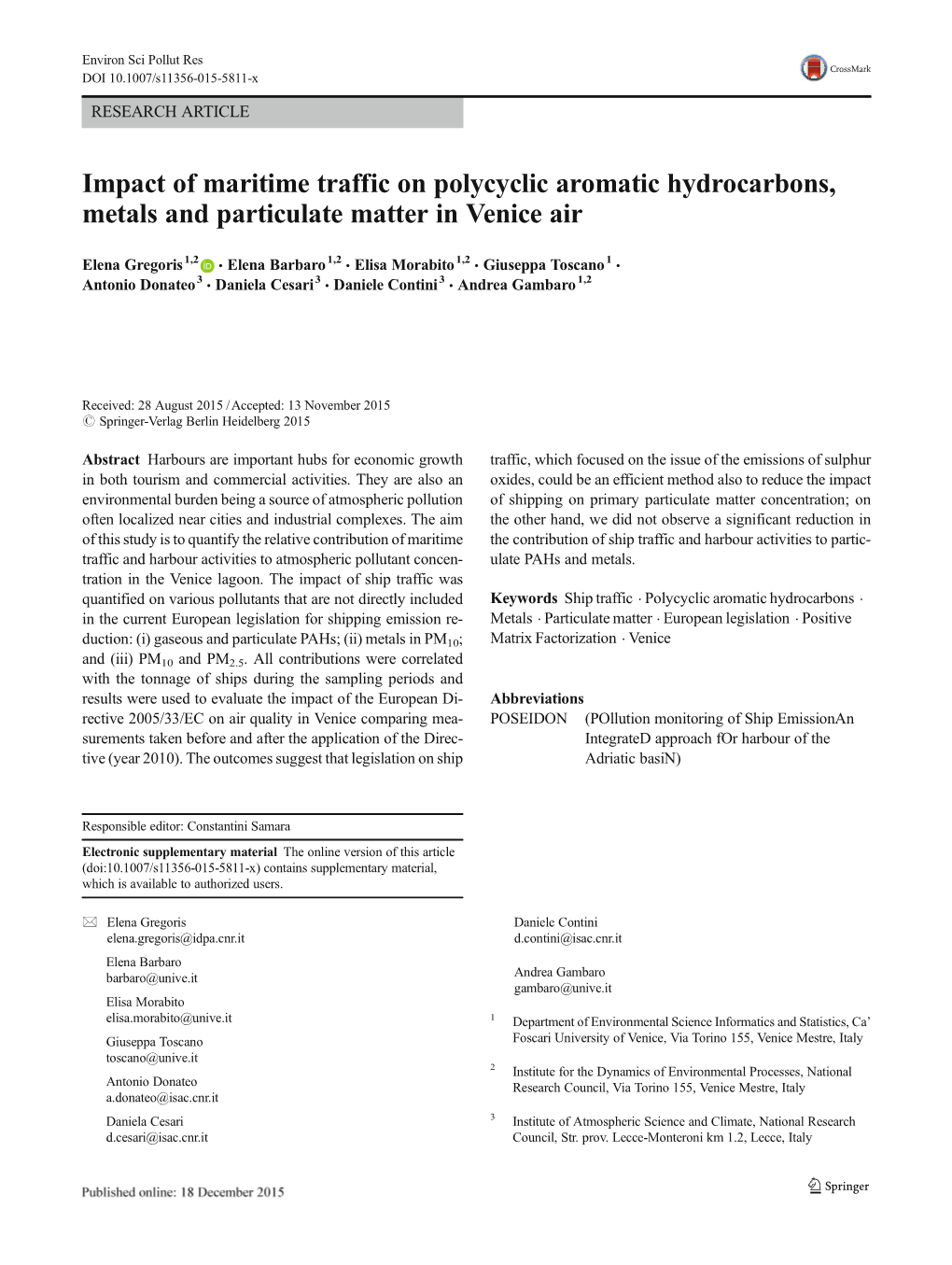 Impact of Maritime Traffic on Polycyclic Aromatic Hydrocarbons, Metals and Particulate Matter in Venice Air