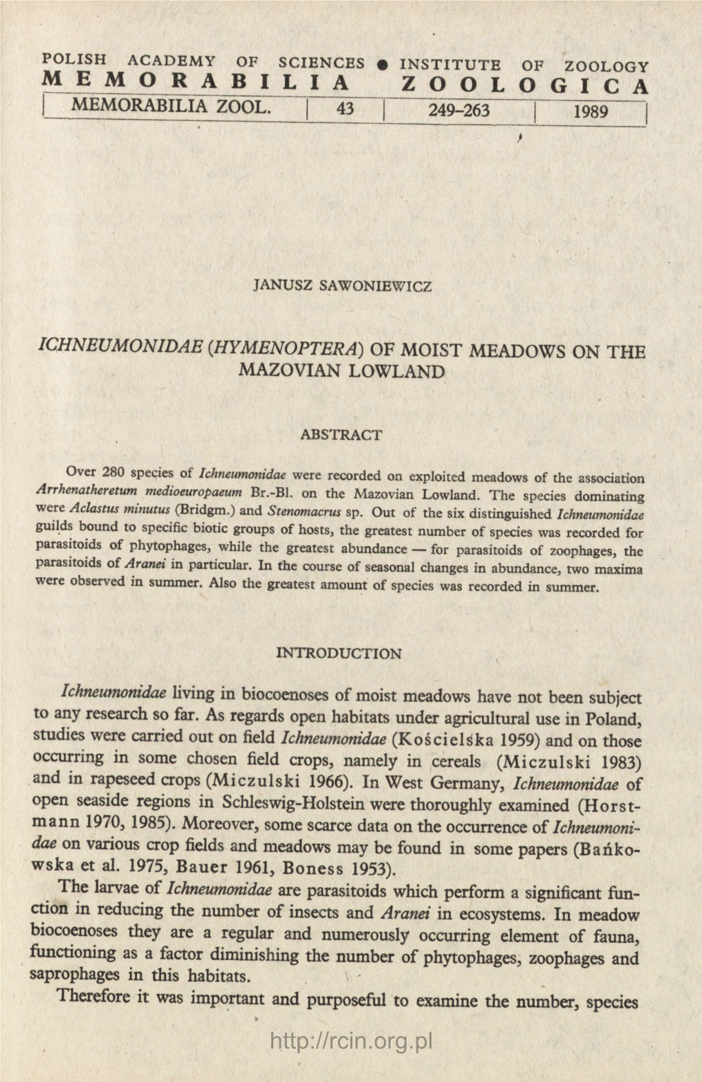 Ichneumonidae (Hymenoptera) of Moist Meadows on the Mazovian Lowland