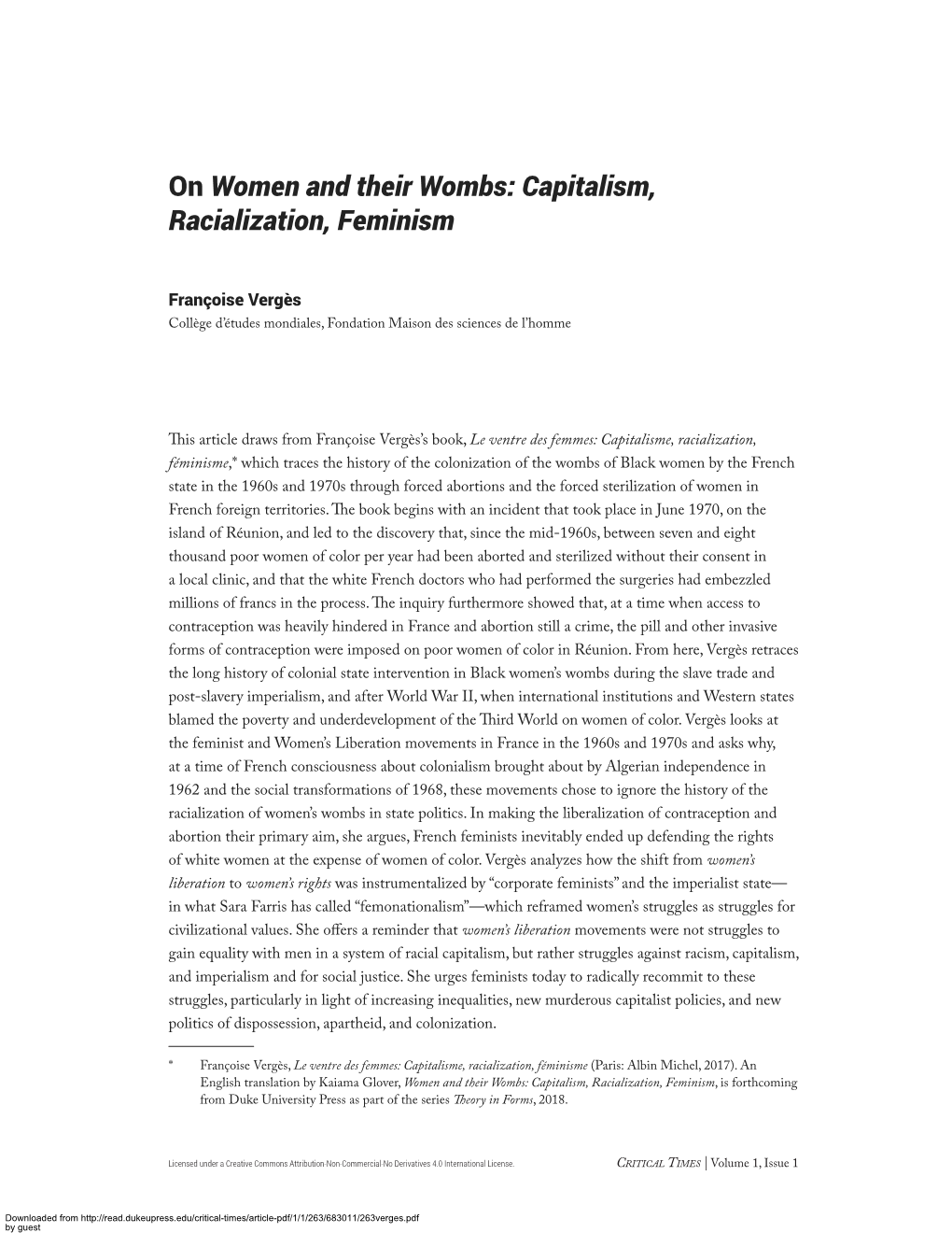 On Women and Their Wombs: Capitalism, Racialization, Feminism