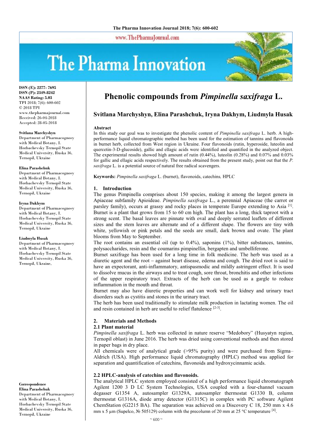 Phenolic Compounds from Pimpinella Saxifraga L