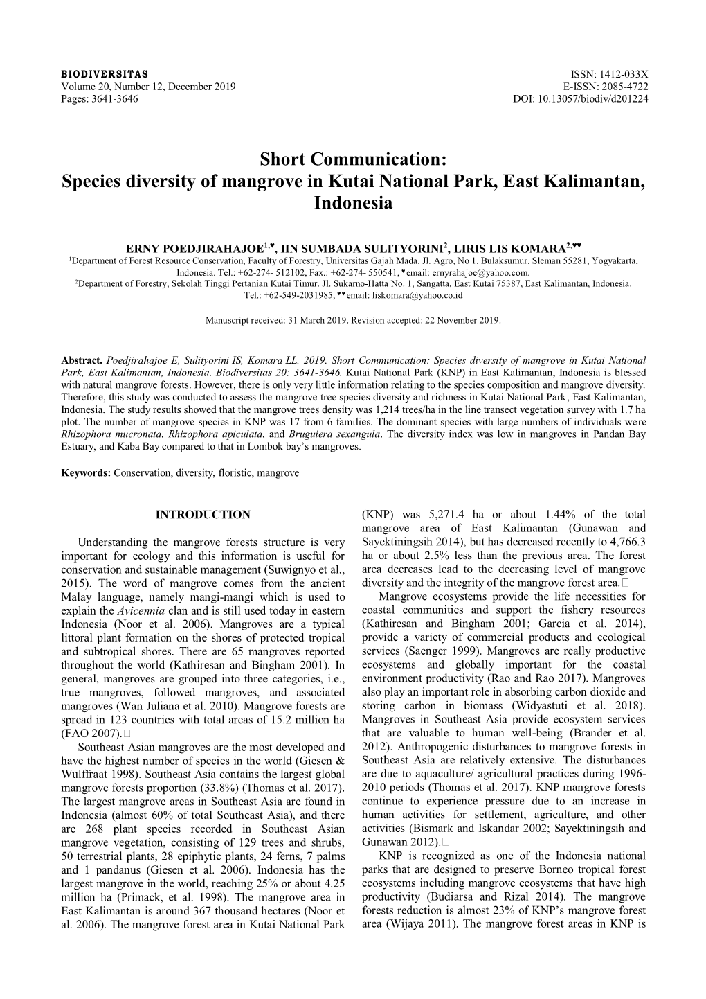 Species Diversity of Mangrove in Kutai National Park, East Kalimantan, Indonesia