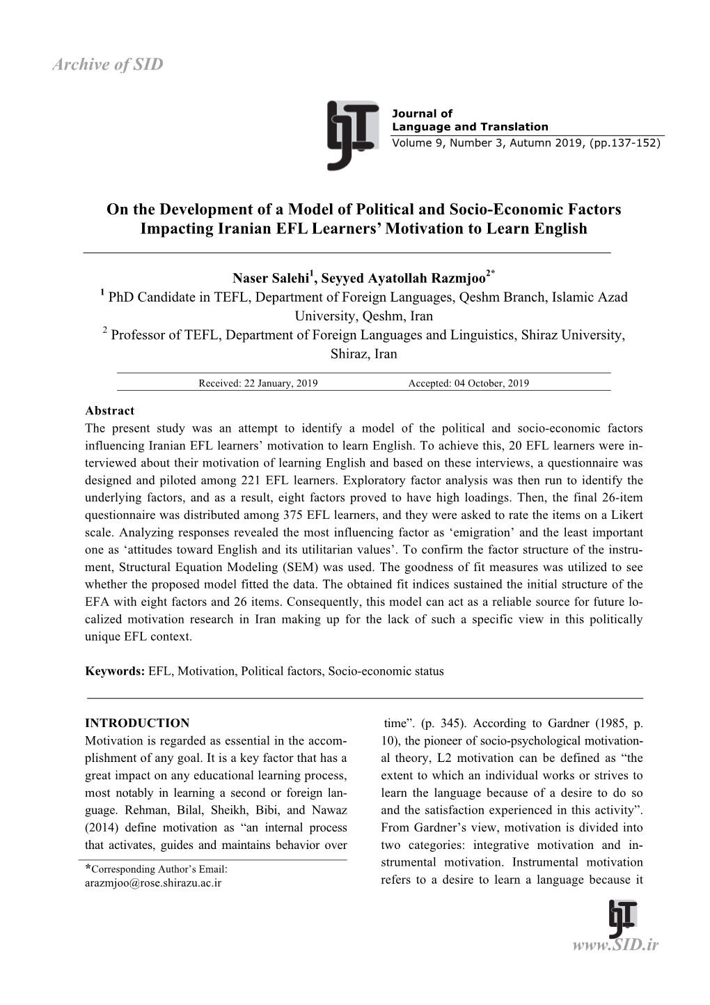 On the Development of a Model of Political and Socio-Economic Factors Impacting Iranian EFL Learners’ Motivation to Learn English