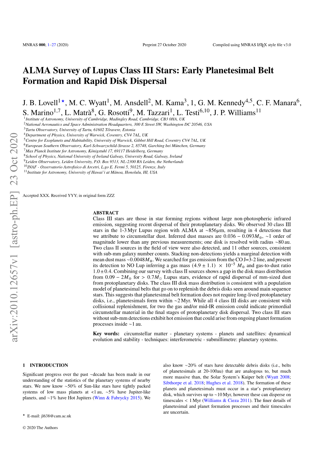 ALMA Survey of Lupus Class III Stars: Early Planetesimal Belt Formation and Rapid Disk Dispersal