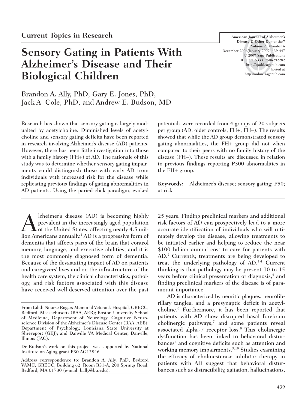 Sensory Gating in Patients with Alzheimer's Disease and Their Biological Children