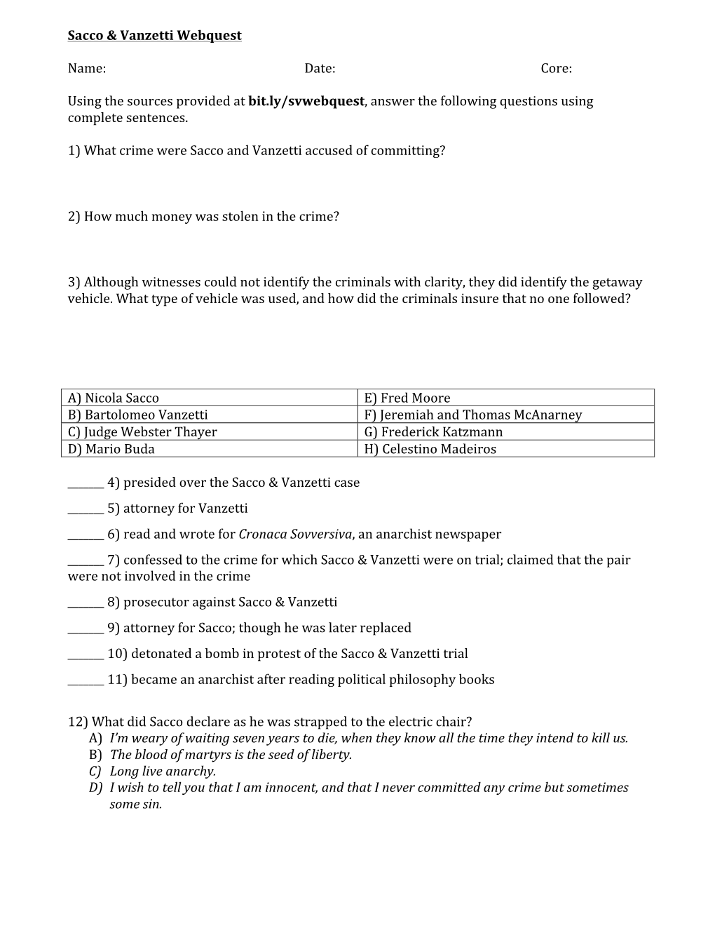 Sacco & Vanzetti Webquest Name: Date: Core: Using the Sources