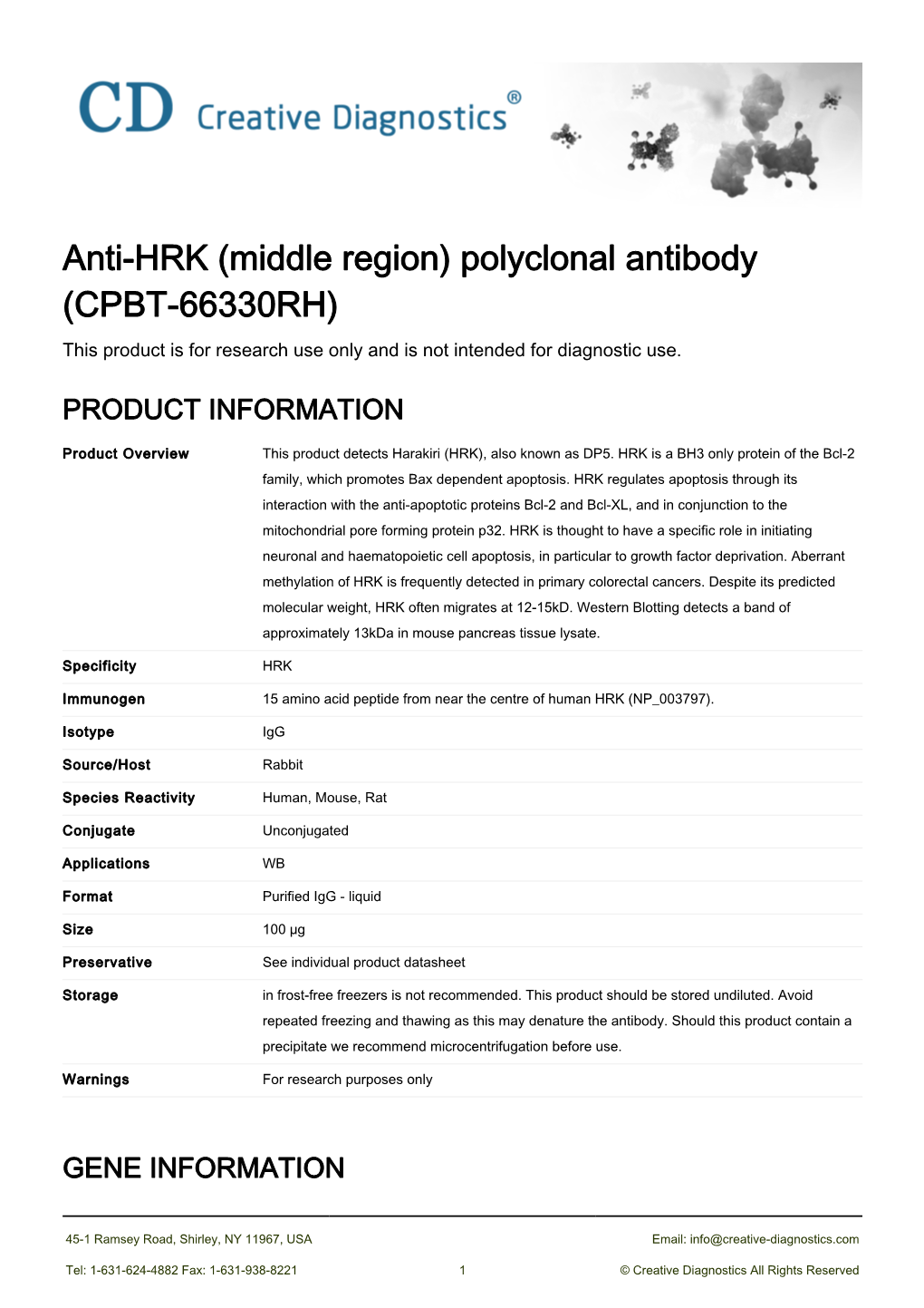 Anti-HRK (Middle Region) Polyclonal Antibody (CPBT-66330RH) This Product Is for Research Use Only and Is Not Intended for Diagnostic Use