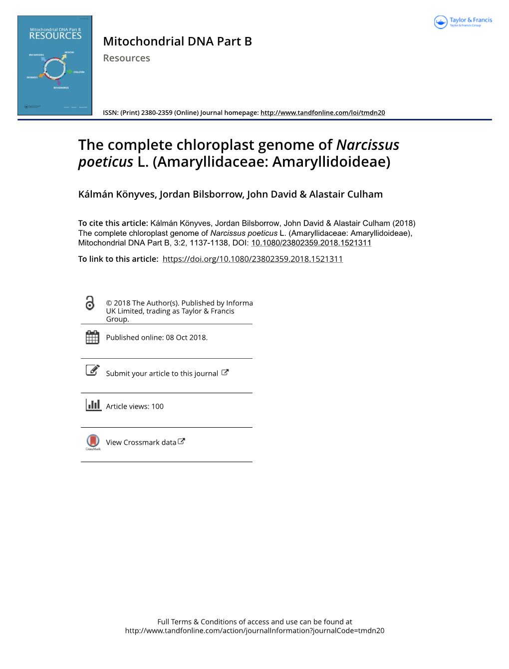 The Complete Chloroplast Genome of Narcissus Poeticus L. (Amaryllidaceae: Amaryllidoideae)