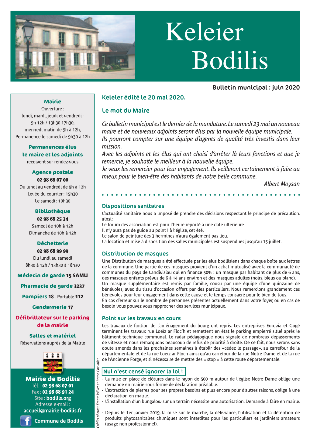 Juin 2020 Le Lundi Les Semaines Impaires, Place Holbeton Bodilis.Org À Accueil@Mairie-Bodilis.Fr 07 69 63 80 82