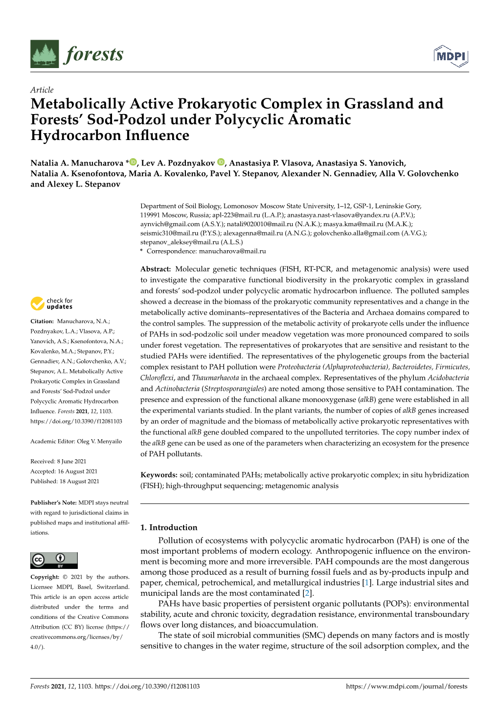 Metabolically Active Prokaryotic Complex in Grassland and Forests’ Sod-Podzol Under Polycyclic Aromatic Hydrocarbon Inﬂuence