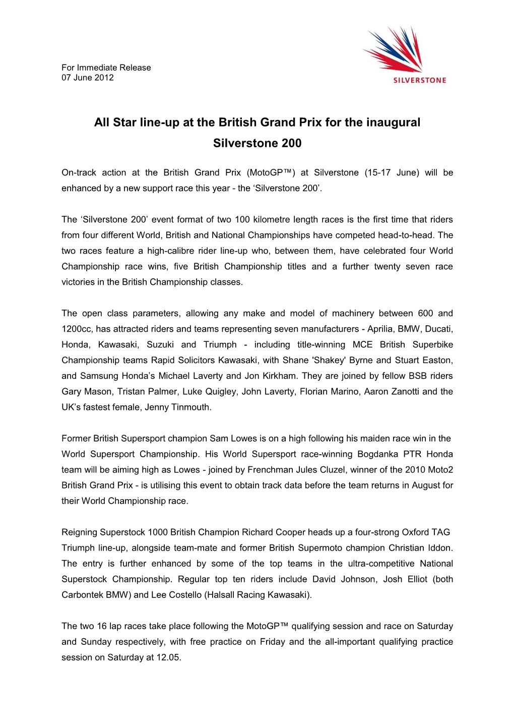 For Immediate Release 07 June 2012