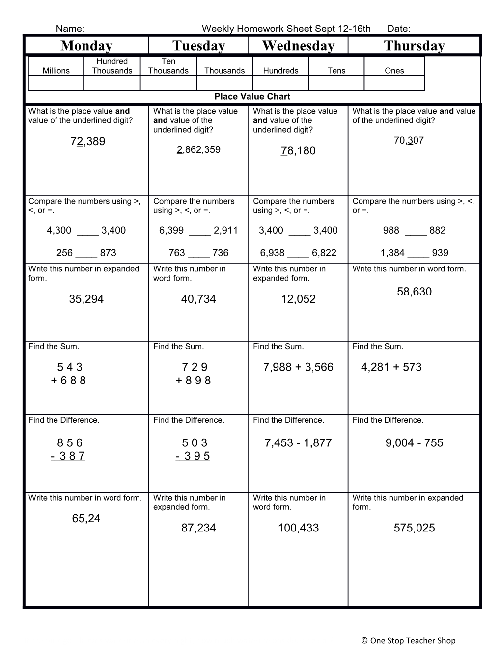 Weekly Homework Sheet