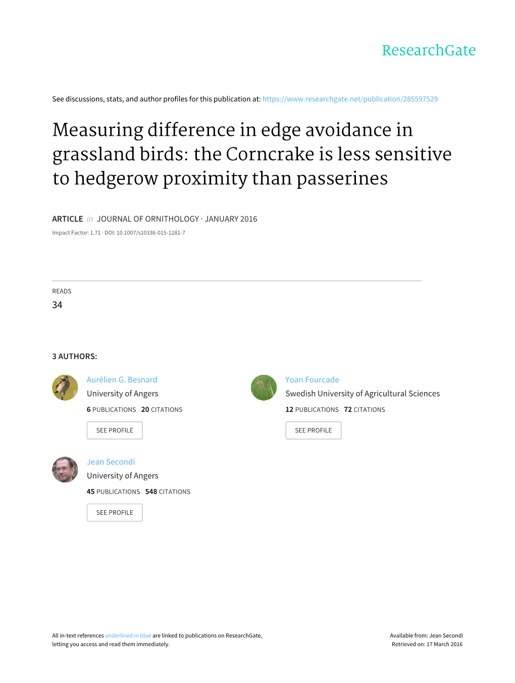 Measuring Difference in Edge Avoidance in Grassland Birds: the Corncrake Is Less Sensitive to Hedgerow Proximity Than Passerines