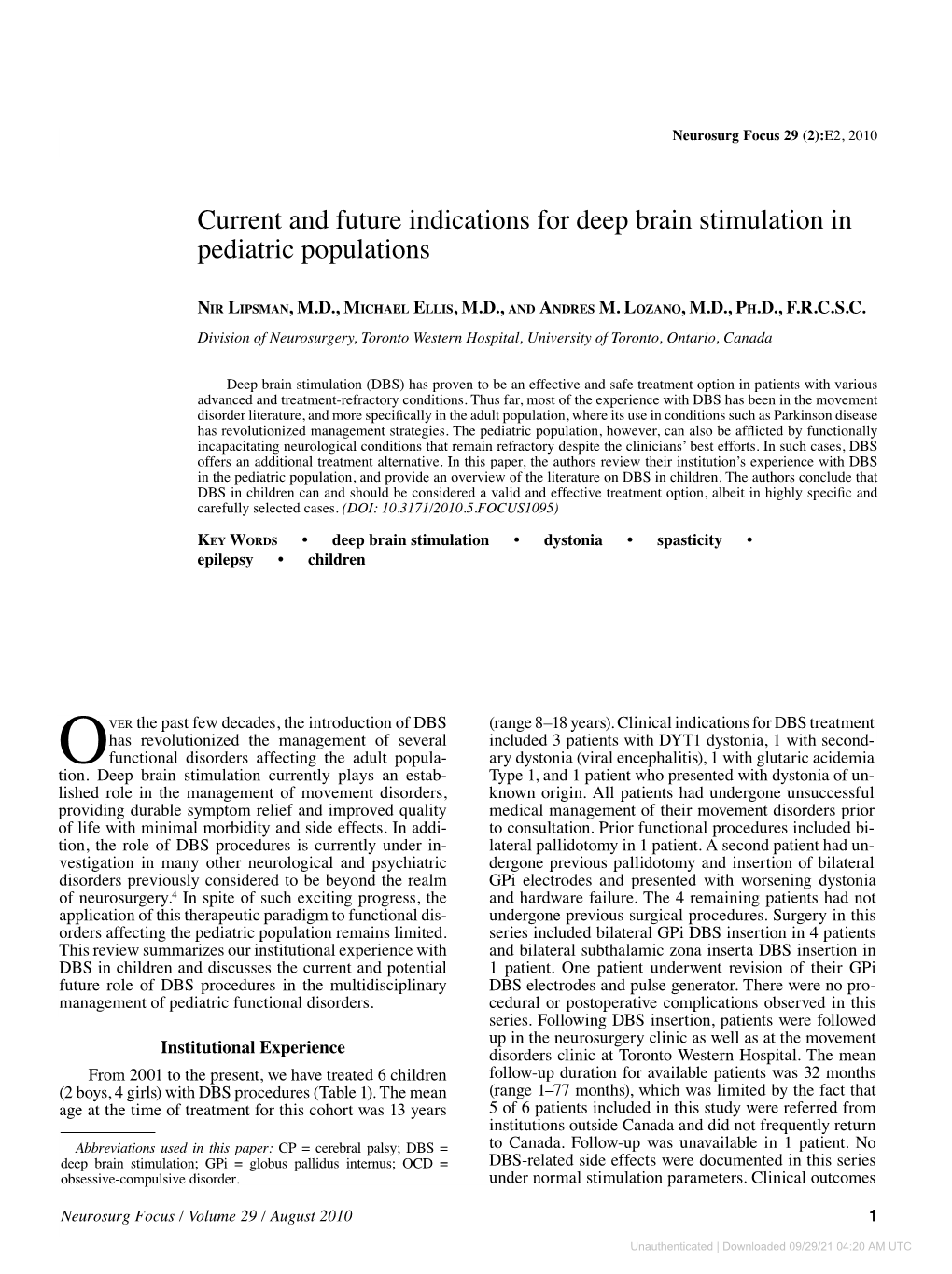 Current and Future Indications for Deep Brain Stimulation in Pediatric Populations