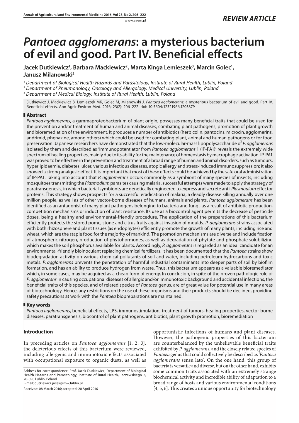 Pantoea Agglomerans: a Mysterious Bacterium of Evil and Good