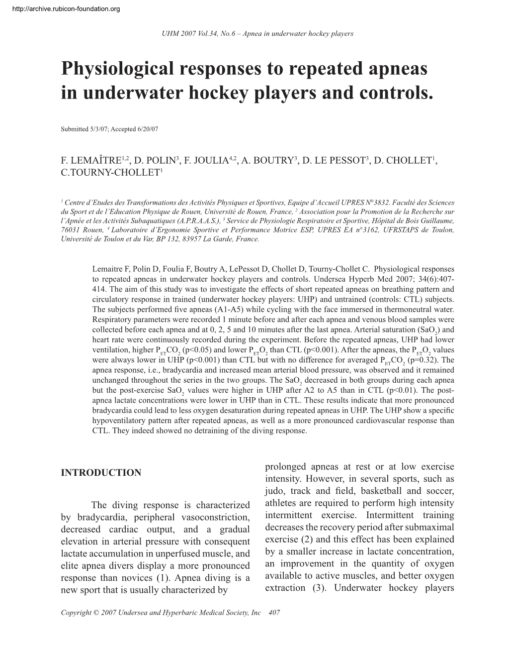 Physiological Responses to Repeated Apneas in Underwater Hockey Players and Controls