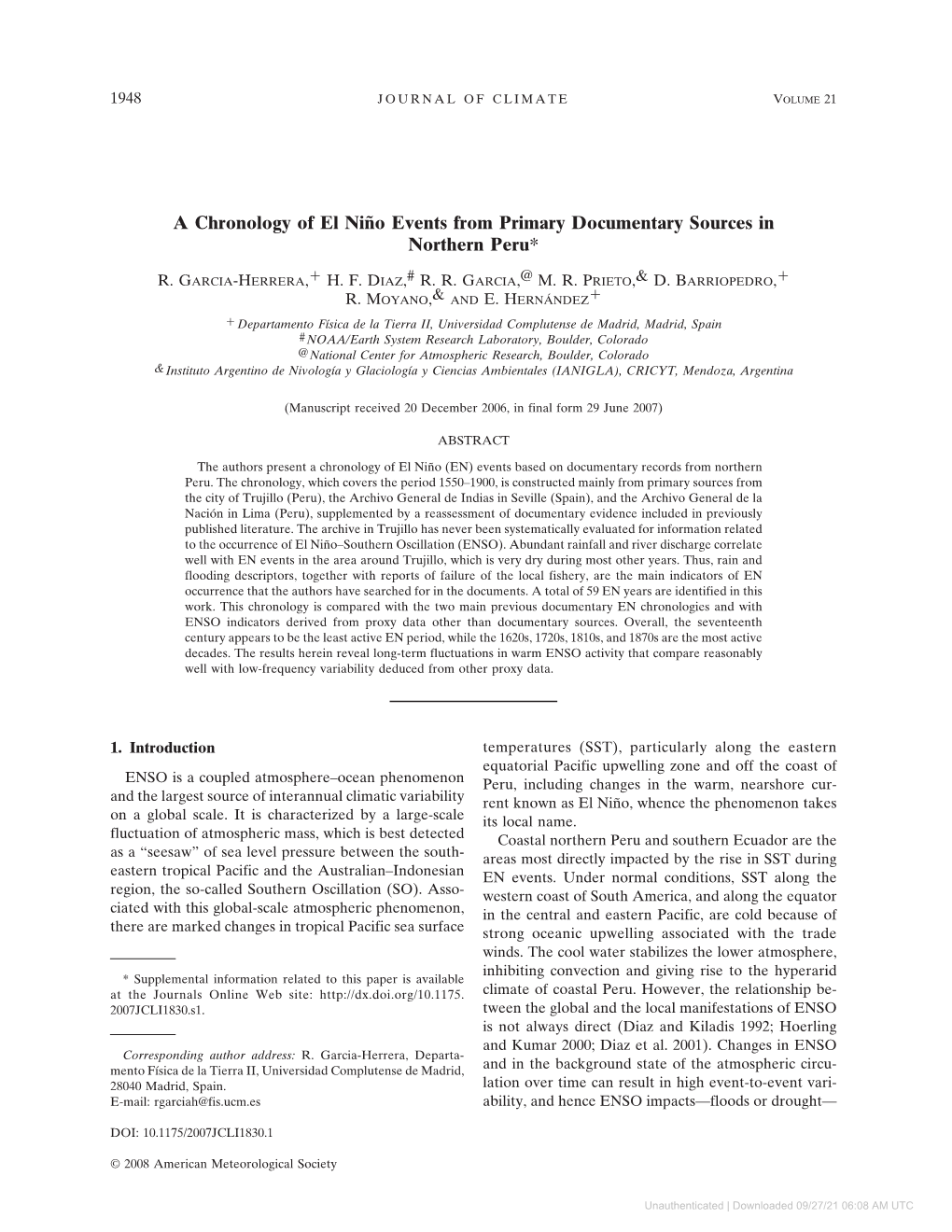 A Chronology of El Niño Events from Primary Documentary Sources in Northern Peru* Ϩ Ϩ R