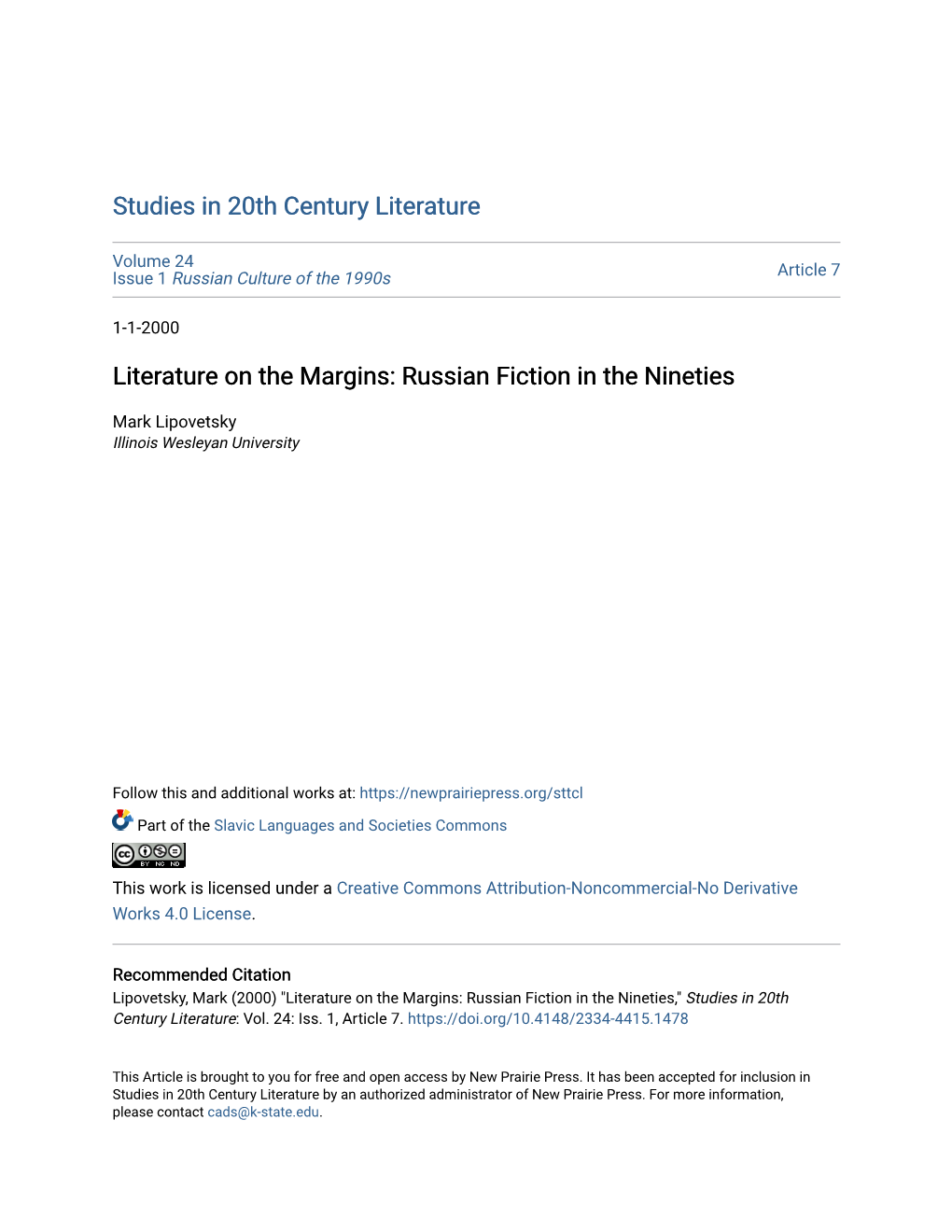 Literature on the Margins: Russian Fiction in the Nineties