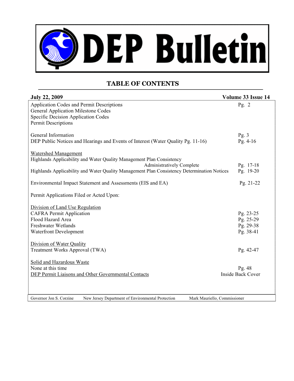 NJDEP-DEP Bulletin, 7/22/2009 Issue