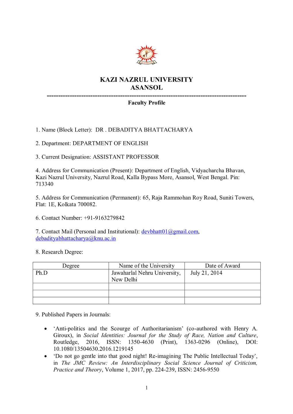 KAZI NAZRUL UNIVERSITY ASANSOL ------Faculty Profile