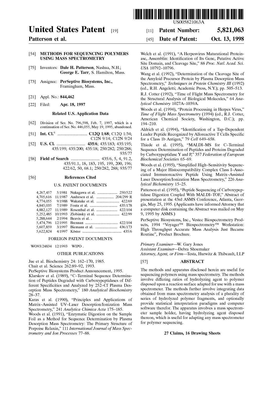 United States Patent (19) 11 Patent Number: 5,821,063 Patters0n Et Al