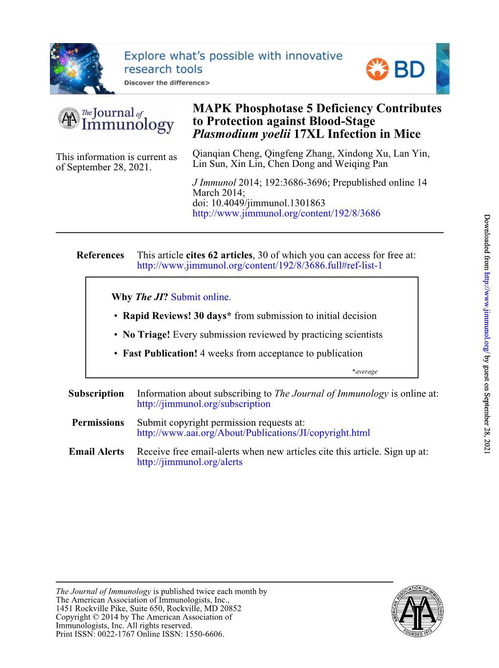 17XL Infection in Mice Plasmodium Yoelii to Protection Against Blood