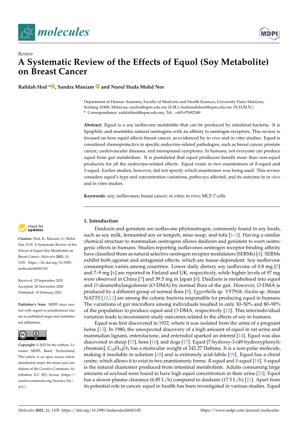 A Systematic Review of the Effects of Equol (Soy Metabolite) on Breast Cancer