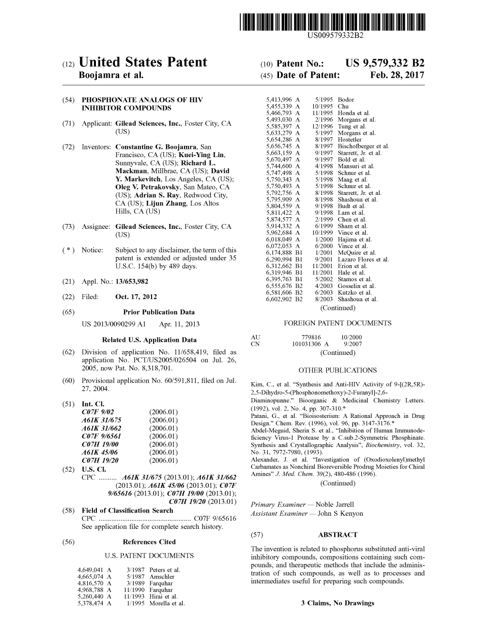 (12) United States Patent (10) Patent No.: US 9,579,332 B2 Boojamra Et Al