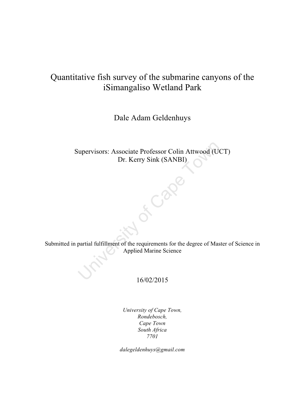 Quantitative Fish Survey of the Submarine Canyons of the Isimangaliso Wetland Park