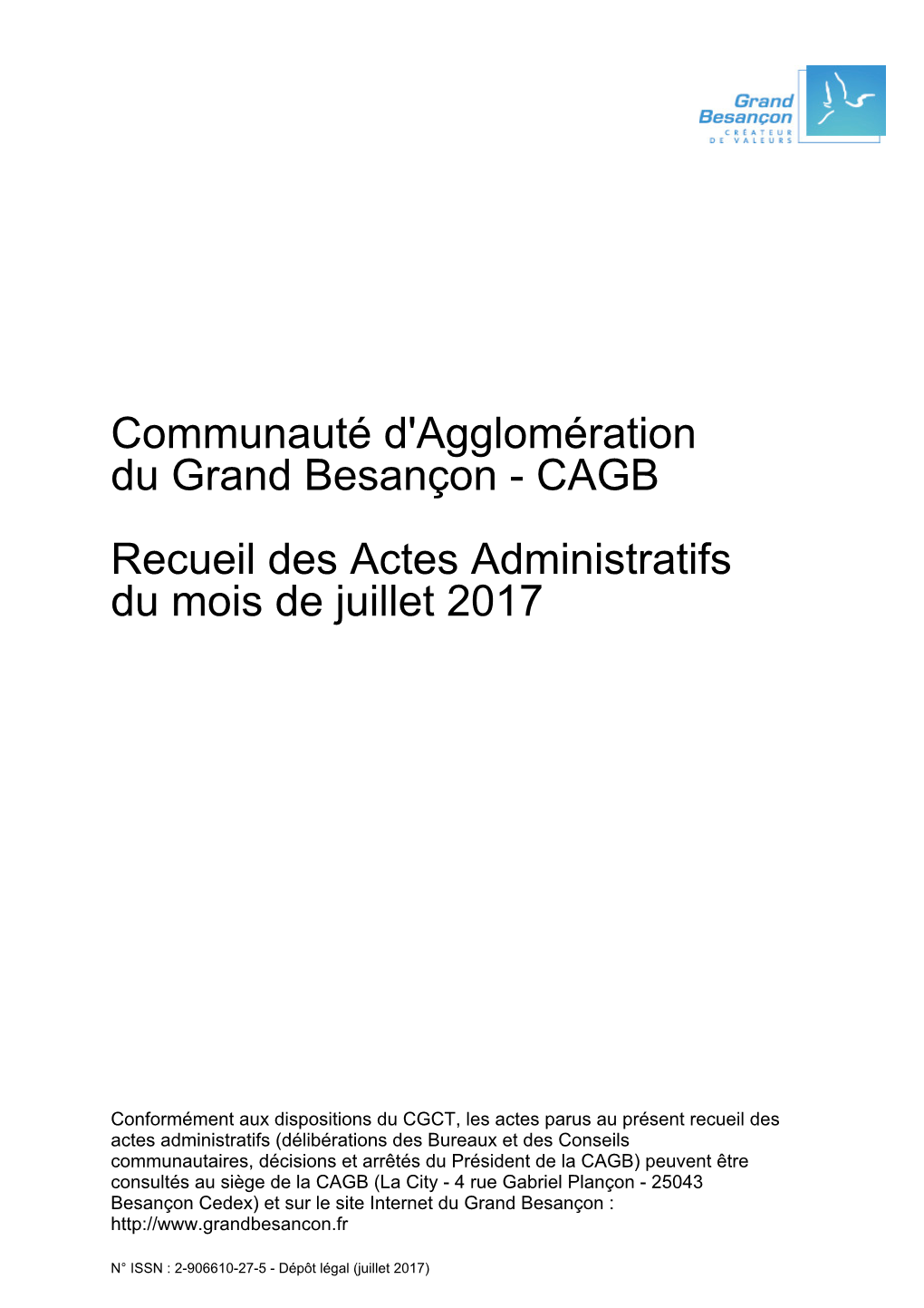 Recueil Des Actes Administratifs Du Mois De Juillet 2017