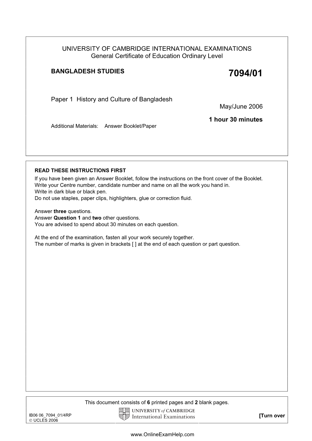 UNIVERSITY of CAMBRIDGE INTERNATIONAL EXAMINATIONS General Certificate of Education Ordinary Level