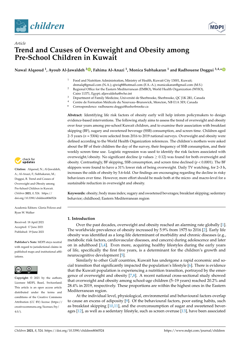 Trend and Causes of Overweight and Obesity Among Pre-School Children in Kuwait