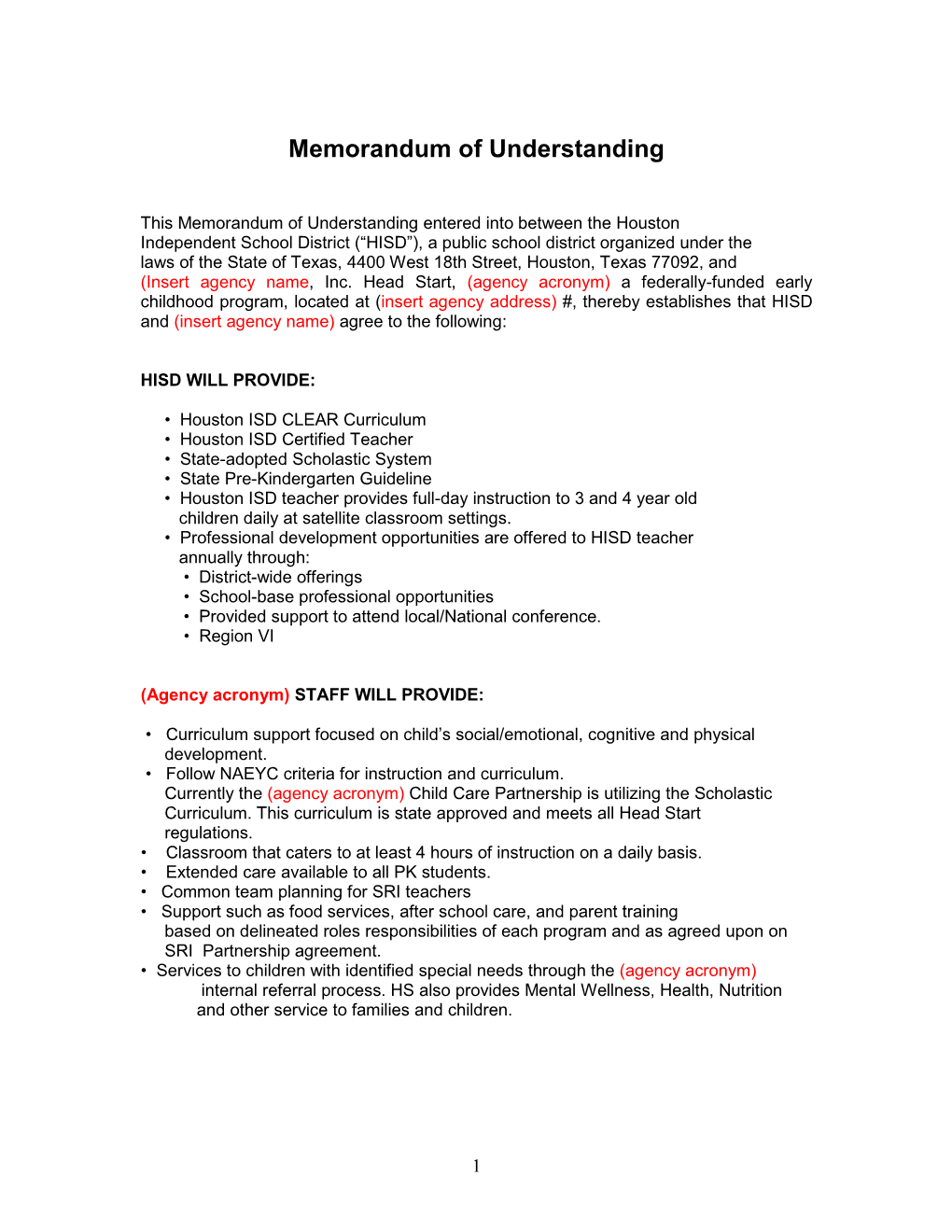 Memorandum of Understanding