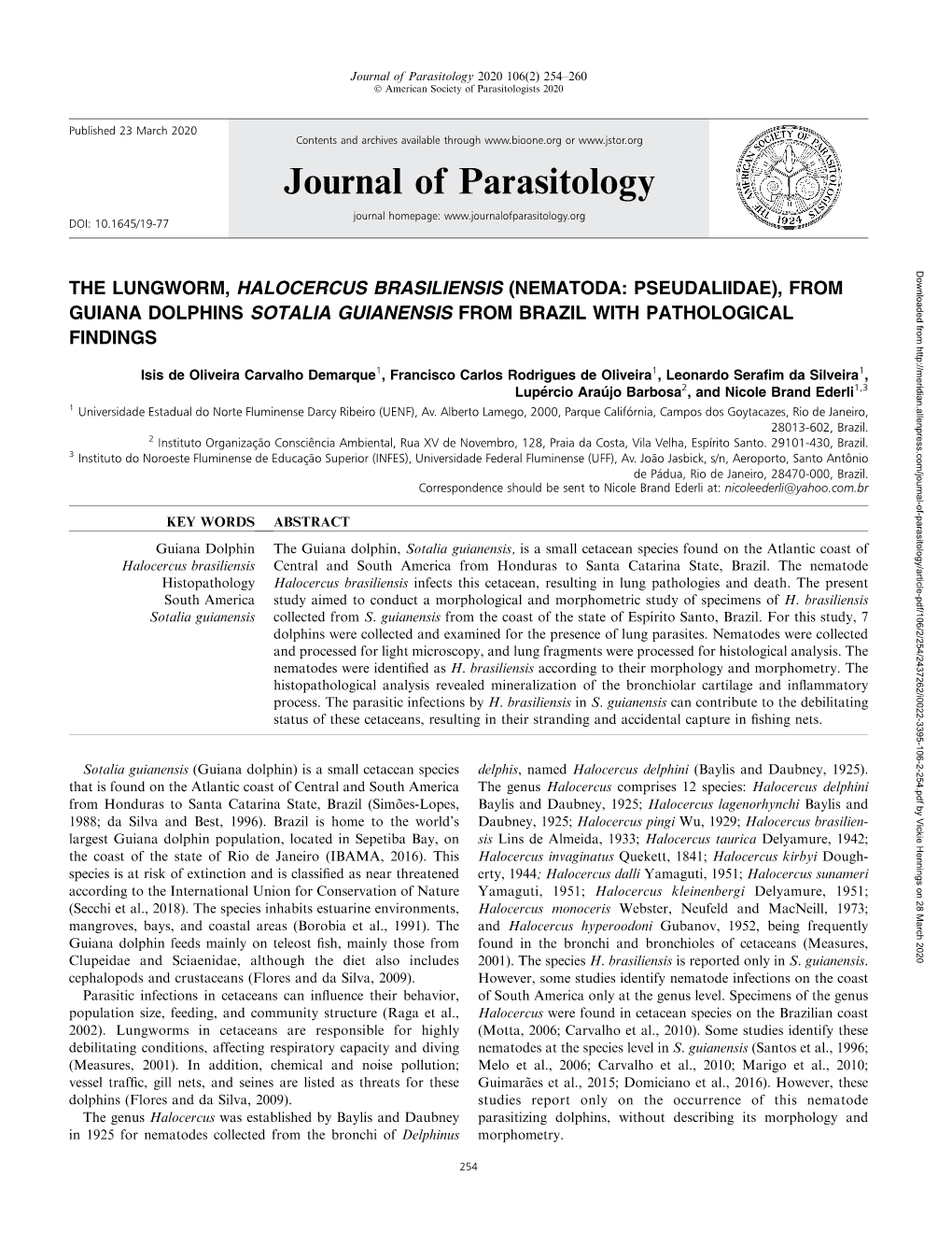 Journal of Parasitology 2020 106(2) 254–260 Ó American Society of Parasitologists 2020