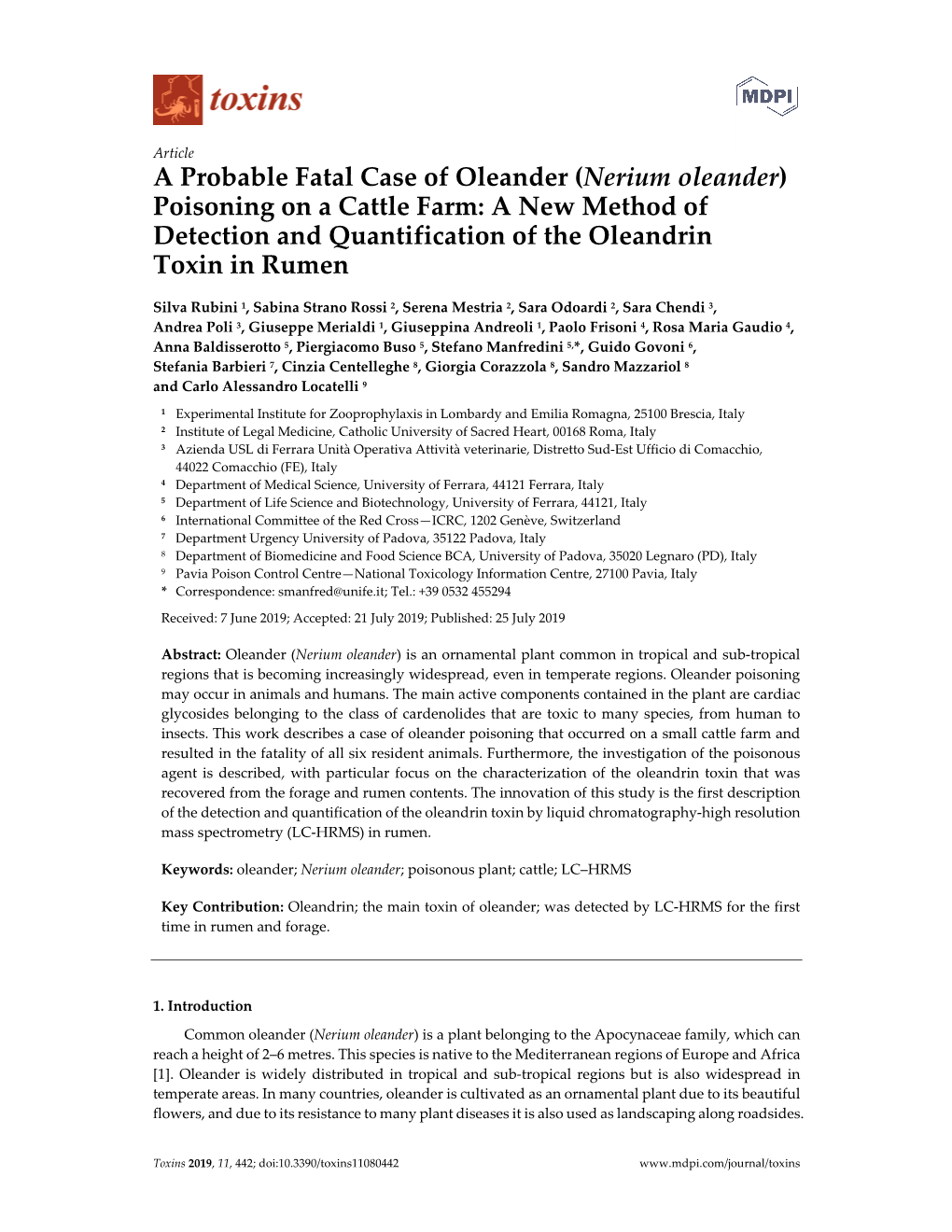 Nerium Oleander) Poisoning on a Cattle Farm: a New Method of Detection and Quantification of the Oleandrin Toxin in Rumen